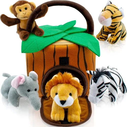 Vista 9 de Play22 Juego de 6 piezas de animales de la selva parlantes de felpa con transportador para niños, bebés y niños pequeños, elefante, tigre, león