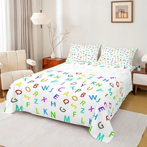 Vista 2 de Feelyou Juego de ropa de cama con alfabeto 3D, juego de sábanas coloridas del alfabeto inglés para niños y adultos, sábanas de dibujos animados