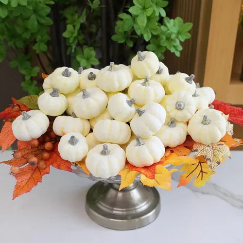 Vista 7 de Winlyn 48 mini calabazas artificiales de imitación de color crema para bebé, calabazas de espuma de 1.8 pulgadas 2.1 pulgadas para cosecha de otoño