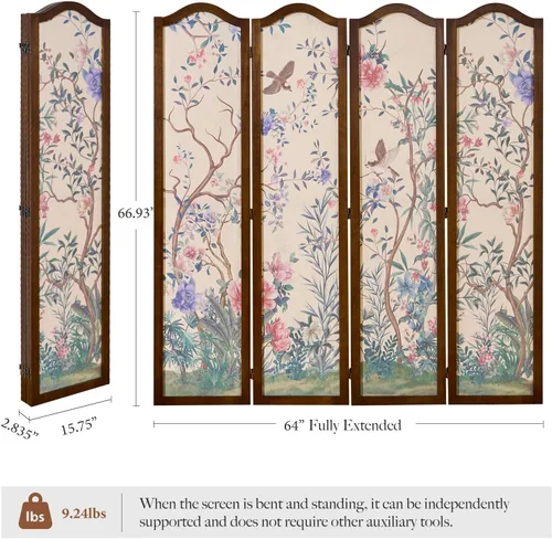Vista 2 de Svimi Divisor de habitación plegable de madera de 4 paneles estilo oriental – Pantalla de privacidad independiente y panel de pared decorativo