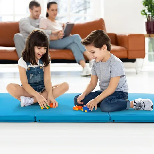 Vista 9 de Goplus Esterilla de Gimnasia Plegable, 6' x 2' x 2'' de Grosor Tri-Fold Esterilla de Ejercicio y Volteretas con Asas de Transporte, Cierre de Gancho