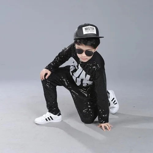 Vista 4 de LOLANTA Disfraz de baile para niños y niñas, ropa de hip hop con lentejuelas de los años 80 y 90, trajes brillantes de baile
