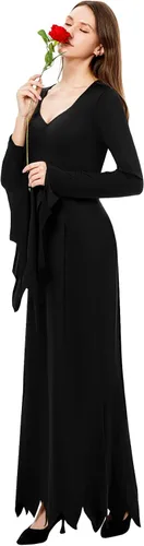Vista 3 de Joy Bang Morticia Addams Disfraz para mujer, vestido de bruja gótica de Halloween, manga larga, largo hasta el suelo, vestido largo sexy