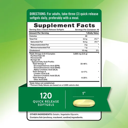 Vista 2 de Nature's Truth Omega 3-6-9 cápsulas blandas 3600 mg 120 unidades Aceite de pescado, lino y borraja Triple fuerza Suplemento sin OMG y sin