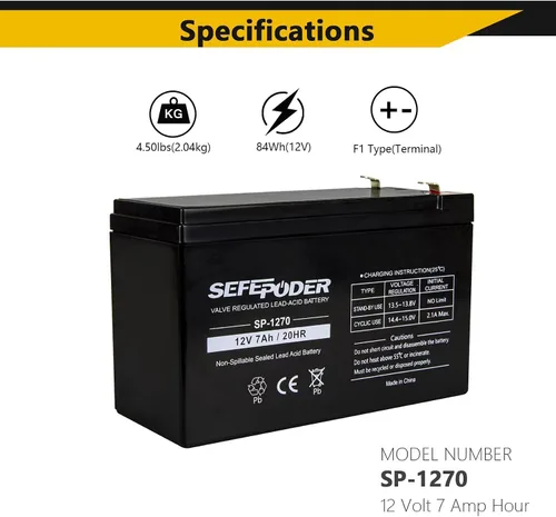Vista 3 de SEFEPODER Batería de plomo ácido sellada recargable de 12V 7Ah (terminales F1)