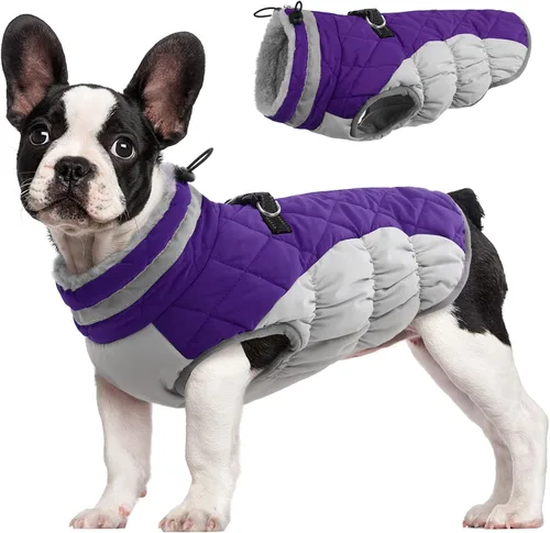 Vista 51 de Abrigo para perro, chaqueta cálida de invierno, acolchada, de vellón, chaleco reflectante con arnés, chaqueta de nieve impermeable con cremallera, a