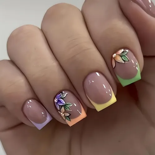 Vista 36 de Uñas Postizas Cuadradas Cortas con Diseños de Lazo 3D, Uñas Postizas de Leopardo con Punta Francesa, Uñas Adhesivas Brillantes, Uñas Acrílicas Nude