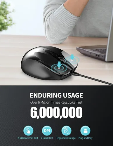 Vista 4 de TECKNET Ratón USB con Cable, Ratón de 6 Botones con Cable para Computadora con 4 DPI Ajustables, Ratones Ópticos para Computadora con Diseño