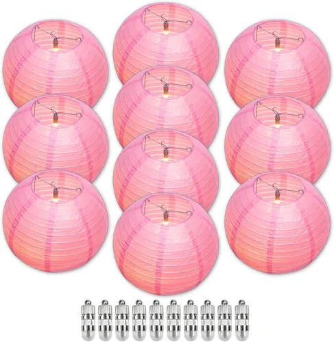 Vista 21 de Linternas de papel chino rosa con luces LED, paquete de 10