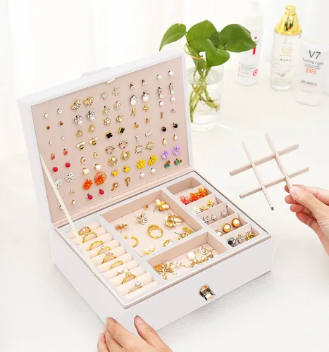 Vista 5 de QBestry Organizador de aretes para niñas, caja de joyería blanca para aretes, collares, organizador de joyas, tachuelas, caja de aretes para mujer