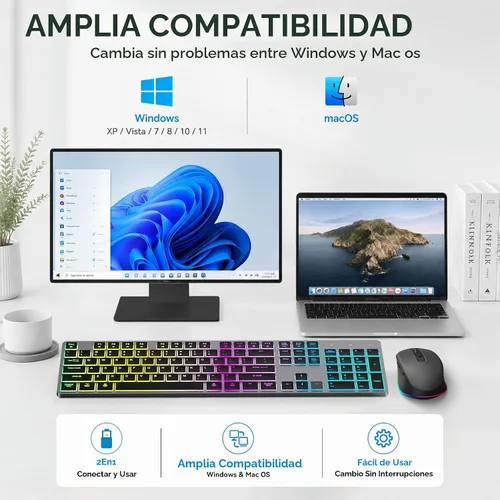 Vista 6 de Teclado inalámbrico silencioso y mouse retroiluminado, combo de teclado plano silencioso recargable, mouse Jiggle, mouse delgado inalámbrico de 2.4