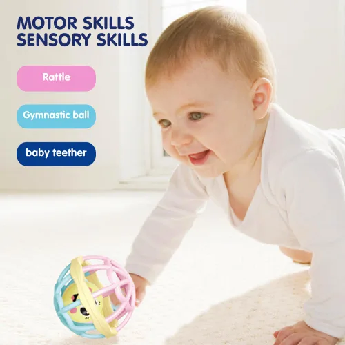 Vista 4 de WEofferwhatYOUwant Mordedor para bebé, bola de juego sensorial grande con sonajero pastel, fácil agarre para bebés, promueve las habilidades motoras