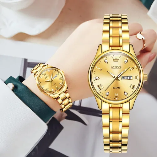 Vista 4 de OLEVS Reloj de pulsera para mujer clásico elegante con diamantes dorados de acero inoxidable impermeable para día