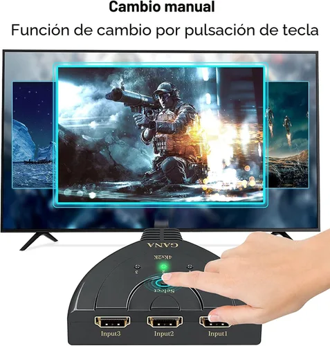 Vista 3 de Interruptor HDMI, divisor HDMI GANA 4K 3 en 1 salida, selector de conmutador de 3 puertos con cable HDMI Pigtail, compatible con reproductor 3D Full