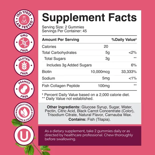 Vista 2 de Paquete de gomitas para el cabello, piel y uñas, biotina extra fuerte y colágeno, 10000 mcg por porción y potente suplemento DIM, equilibrio