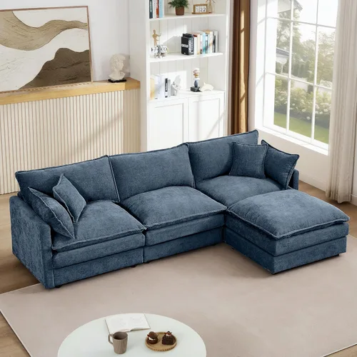 Vista 14 de Sofá modular beige en forma de L, moderno sofá convertible en forma de L de 3 plazas de chenilla suave, cómodo tapizado con juego otomano extraíble