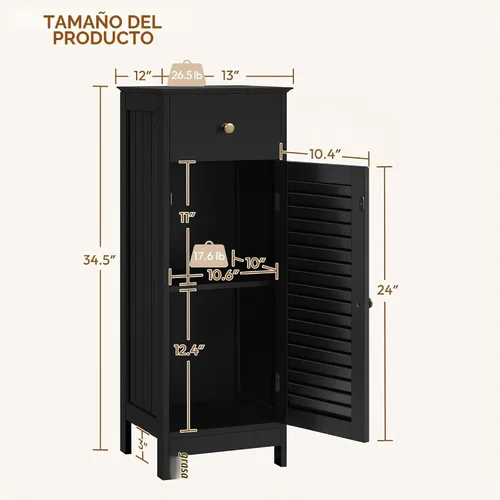 Vista 3 de Yaheetech Small Bathroom Storage Cabinet with Drawer & Louvered Door,Black
