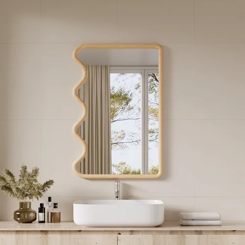 Vista 10 de ULIKE - Espejo de pared irregular de 24×36 pulgadas con marco de madera en negro – Diseño de forma orgánica abstracta para baño, dormitorio, sala