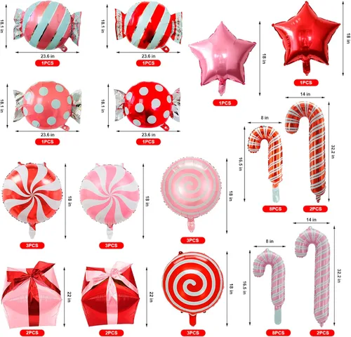 Vista 2 de Decoraciones de globos de bastón de caramelo de Navidad, 42 globos de papel de aluminio de bastón de caramelo con cinta, globo redondo de Mylar