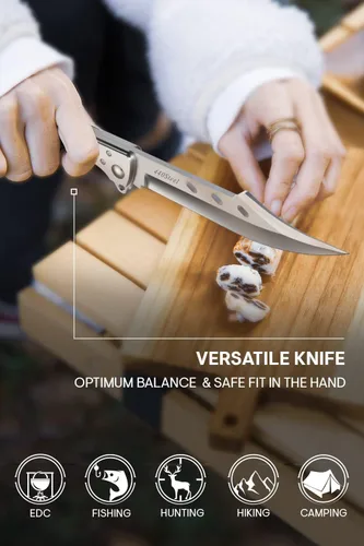 Vista 9 de Grand Way Cuchillo plegable de hoja larga – Cuchillos afilados para caza, senderismo, campamento, supervivencia táctica y trabajo para hombres