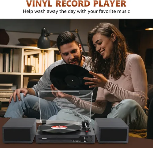 Vista 8 de Reproductor de discos de vinilo con altavoces, tocadiscos portátil Bluetooth para discos de vinilo, fonógrafo LP con reproductor de 3 velocidades