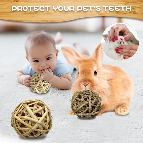 Vista 5 de Tfwadmx 6 unidades de bolas masticables de animales pequeños, juguete de conejo, bolas de juego de actividades rodantes, jaula para mascotas