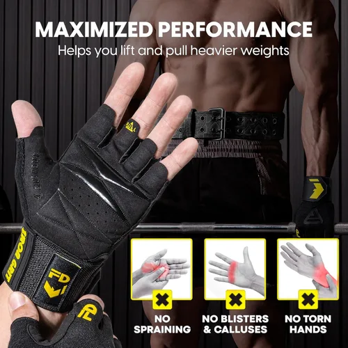 Vista 5 de Guantes de levantamiento de pesas para hombres y mujeres, con almohadillas de cojín y agarre de silicona, guantes de entrenamiento con soporte