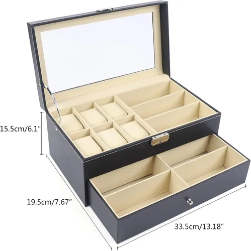 Vista 3 de Estuche organizador de joyas para relojes, de cuero negro para 6 relojes + 9 gafas con parte superior de cristal, regalo para hombres y mujeres
