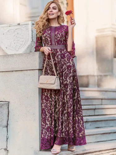 Vista 3 de MISSMAY - Vestido largo formal con mangas de campana, hecho totalmente en encaje, estilo vintage, para mujer