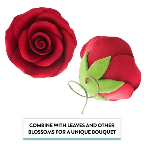Vista 6 de Rosas de azúcar (12 unidades, grandes de 2 pulgadas) – Flores de goma de mascar con alambre con cáliz, rosas rojas para decoración de pasteles, por