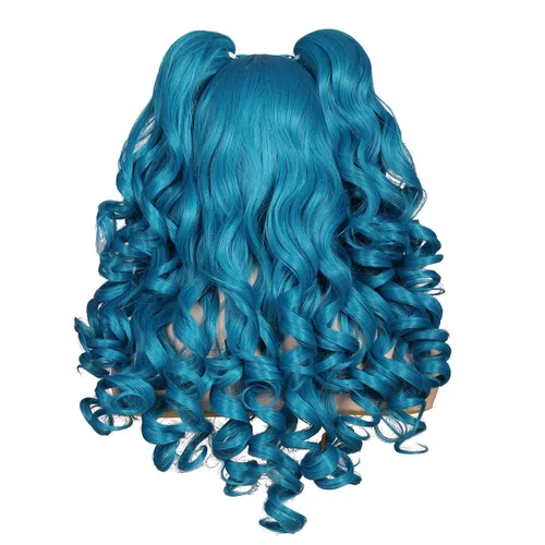 Vista 3 de ColorGround Peluca larga y rizada para cosplay con 2 colas de caballo (azul celeste)