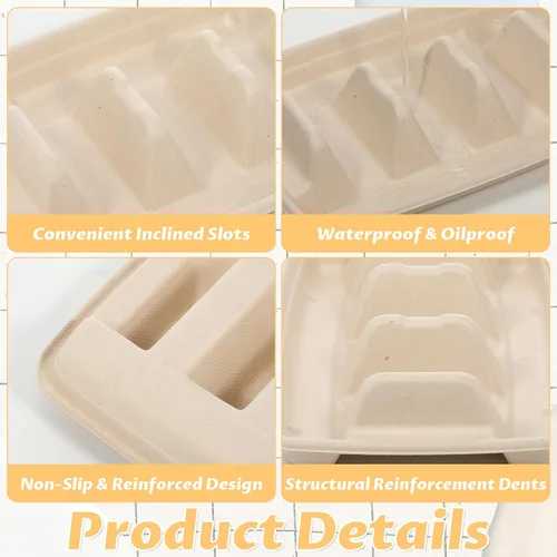 Vista 3 de 150 soportes desechables para tacos para fiestas, platos de taco de pulpa de bagazo de primera calidad, platos de tacos con 3 divisores, soporte