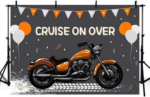 Vista 7 de MEHOFOND Telón de fondo de cumpleaños de motocicleta para niños, decoración de globos azules y blancos de carreras geniales para deportes extremos