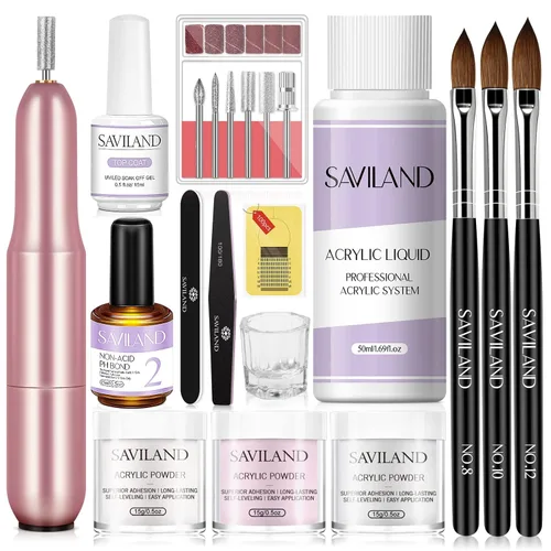 Vista 11 de Saviland Kit de iniciación de uñas acrílicas: polvo y líquido acrílico rosa claro nude, cepillo, limas, formularios, uñas a presión, juego