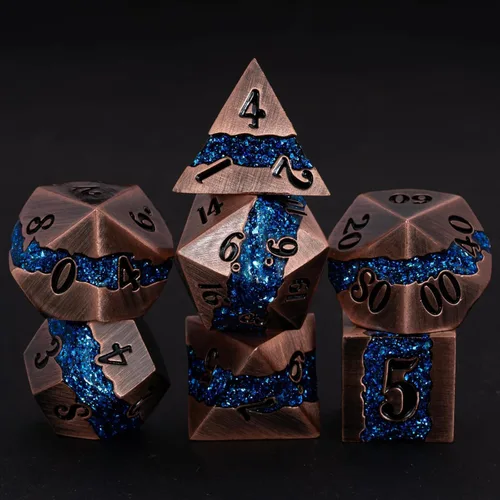 Vista 10 de Dados poliédricos DND de metal, juego de dados metálicos con purpurina a rayas grandes, juego de 7 dados plateados antiguos para juegos de rol