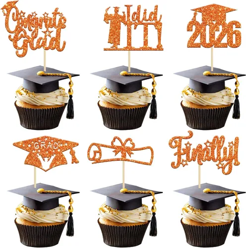 Vista 14 de Paquete de 24 adornos para cupcakes de clase 2026 con purpurina 2026 Felicidades Graduación Diploma Done Cupcake Picks 2026 Graduación Temática