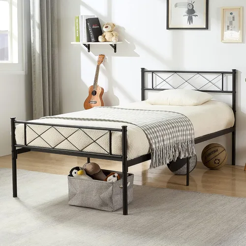 Vista 12 de VECELO Base de cama de tamaño individual con cabecero, base de cama resistente con listones de metal fuertes, no necesita somier y fácil montaje