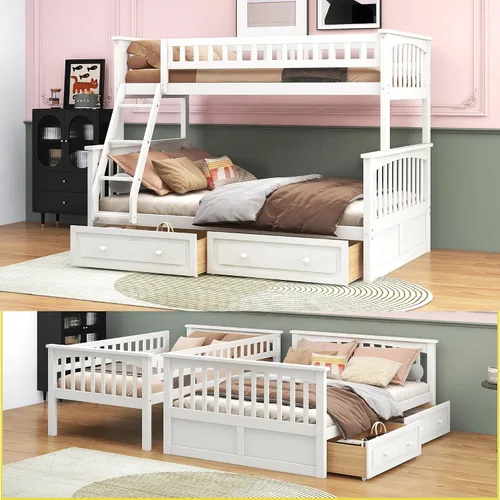 Vista 11 de Merax Litera individual sobre matrimonial con dos cajones de almacenamiento, litera convertible que se puede convertir en dos sofás cama (expresso)