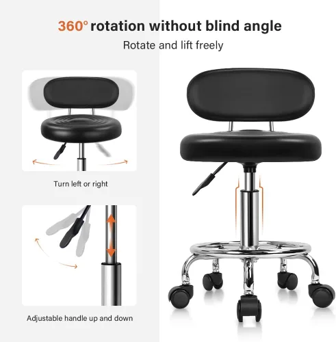Vista 4 de KKTONER - Taburete rodante moderno de cuero sintético con respaldo bajo, altura ajustable, silla de trabajo para salón, diseño para dibujo, Negro