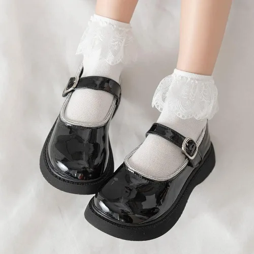 Vista 4 de Looching 4 pares de calcetines de princesa de encaje para bebés y niñas pequeñas, calcetines de algodón con volantes sólidos al tobillo