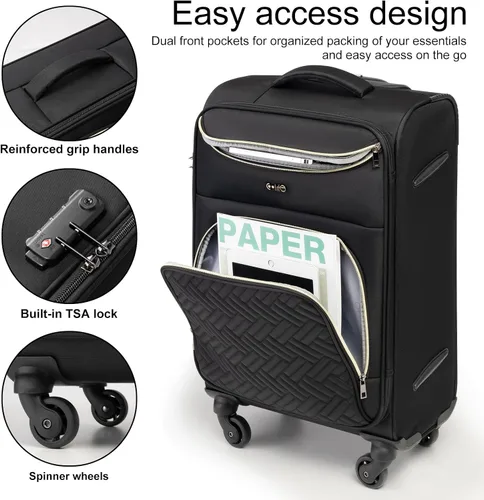 Vista 2 de Coolife Maleta de equipaje de mano con ruedas Softside Bolsa de viaje ligera con ruedas, Negro