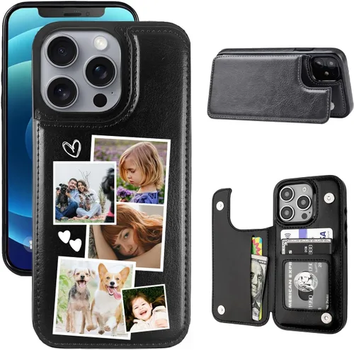 Vista 9 de Funda tipo cartera personalizada para iPhone 16/15/11/12/13/XR/X/XS SE Pro Max Mini con soporte para tarjetas, texto de imagen personalizada, a