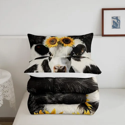 Vista 4 de Erosebridal Juego de ropa de cama con estampado de vaca, juego de edredón con estampado de piel de vaca, juego de ropa de cama de ganado