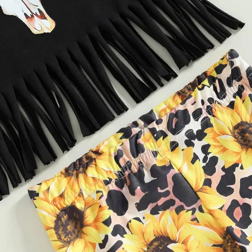 Vista 103 de fhutpw Conjunto de camiseta de manga corta con estampado de vaca y pantalones acampanados de dibujos animados para niñas