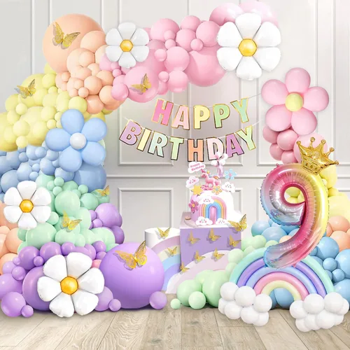 Vista 13 de Decoraciones de primer cumpleaños para niña, 219 margaritas para primer cumpleaños, kit de arco de globos pastel, pancarta de feliz cumpleaños