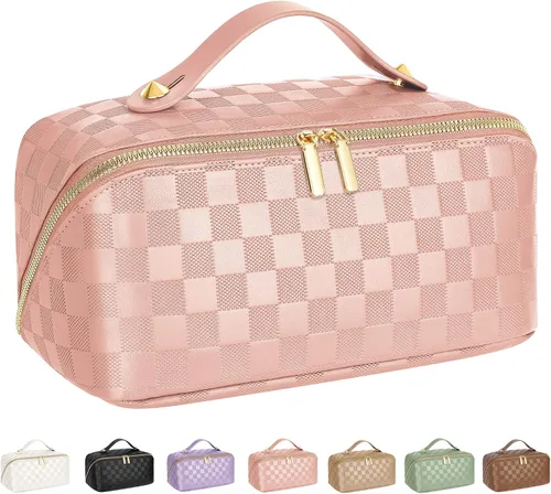 Vista 10 de Bolsa de cosméticos de viaje de gran capacidad - Bolsas de maquillaje portátiles para mujeres, impermeable, de cuero PU a cuadros, con organizador