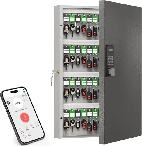 Vista 12 de Caja de 32 llaves con cerradura para llaves – Armario de llaves montado en la pared con doble cerradura (combinación de llave y 3 dígitos), estantes