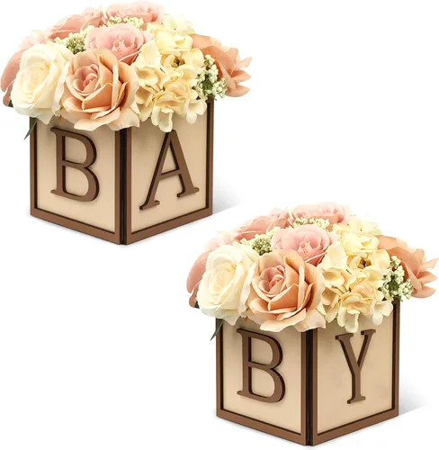 Vista 19 de Juego de 4 centros de mesa de baby shower para mesas, cajas de madera de 6 pulgadas con letras de bebé, cubos rústicos, bloques de madera para Rosa