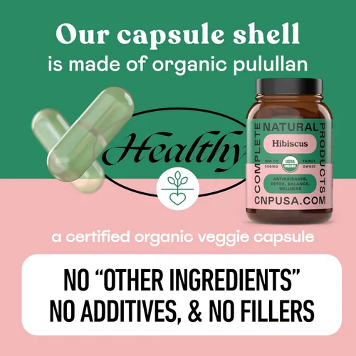 Vista 7 de Complete Natural Products Cápsulas de hibisco orgánico, 550 mg, 100 unidades, a base de plantas, polvo de flores orgánicas para apoyo antioxidante