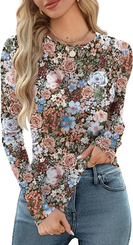 Vista 11 de OFEEFAN - Blusas de malla para mujer con manga larga y encaje, camisetas de cuello redondo ajustadas y transparentes Champán